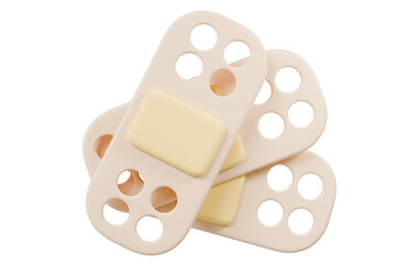 3d adhesive bandages icon. medical healthcare concept. Minimal cartoon beige breathable band aid stack of three for first aid and wound care isolated on white background. 3d render.