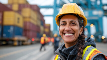A smiling dock worker is seen in focus in a container port, wearing a hard hat and safety vest. Other dock workers are visible in the background.