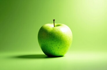 A fresh green apple with a smooth surface on a matching green background