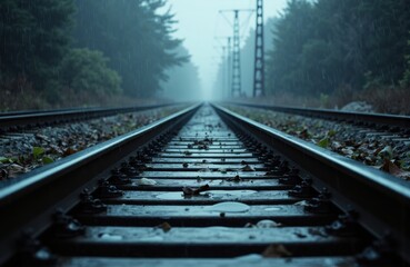 Fototapeta premium A railway track extends into the distance through a foggy forest landscape