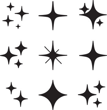Isolated sparkle icons, black glowing vector, minimal star symbol silhouette, outline sparkle effect symbol, shiny clean clipart, editable vector sparkle icon set