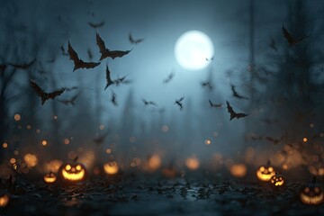 Spooky Halloween night with glowing jack o lanterns and bats in a foggy forest.