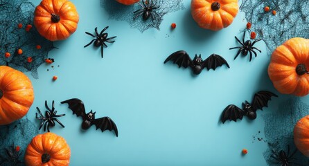 Festive Halloween flat lay with pumpkins bats and spiders creating a border.