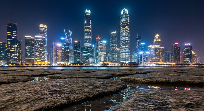 Spectacular Shenzhen Skyline at Night Reflecting in Coastal Tide Pools at Shenzhen Bay - Powered by Adobe