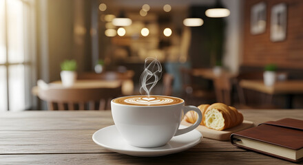 Aromatic coffee with latte art, croissant and a notebook in a cozy cafe setting offers a comforting and inviting ambiance