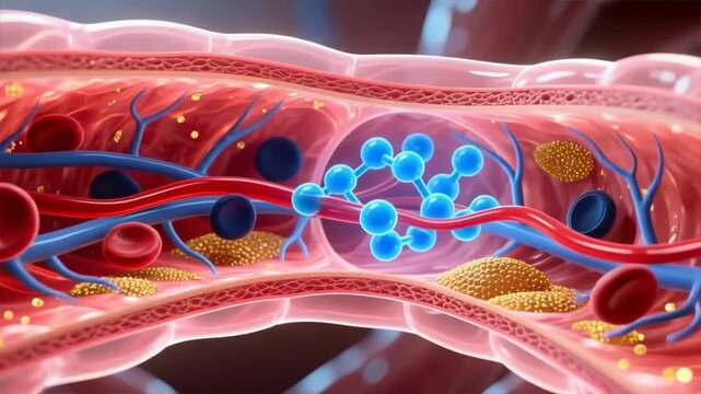 The lung alveolus showing oxygen exchange with red and blue blood cells, glowing oxygen molecules, high cholesterol, hyperlipidemia, hypercholesterolemia
