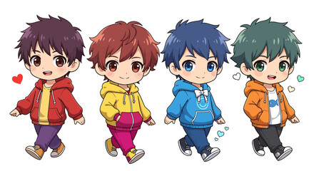A charming character design set featuring a group of four cute anime chibi boys walking in colorful hoodies, isolated vector illustration