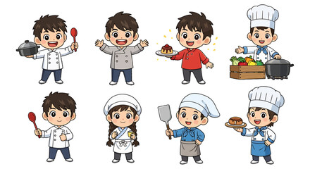 Set of adorable chef and baker cartoon characters in various poses, a charming culinary mascot collection vector illustration design