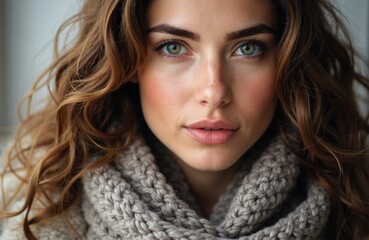 Naklejka premium Woman with wavy brown hair and striking blue eyes looking directly at the camera