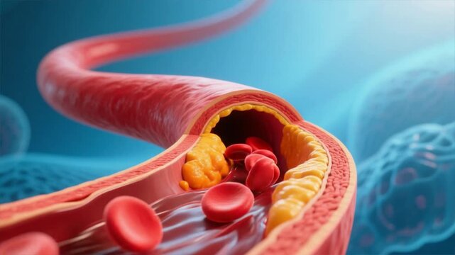 Cross section of human artery with red blood cells moving past yellow plaque deposits, showing blood flow restriction, high cholesterol, hyperlipidemia, hypercholesterolemia