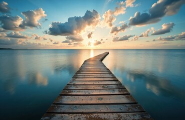 A wooden pier extends into calm ocean waters during a vibrant sunset with scattered clouds