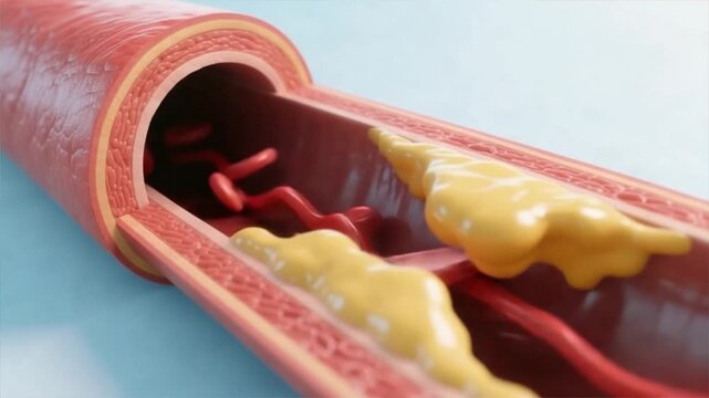 The longitudinal artery cross section showing red blood cells flowing past fatty plaque buildup narrowing the vessel, high cholesterol, hyperlipidemia, hypercholesterolemia