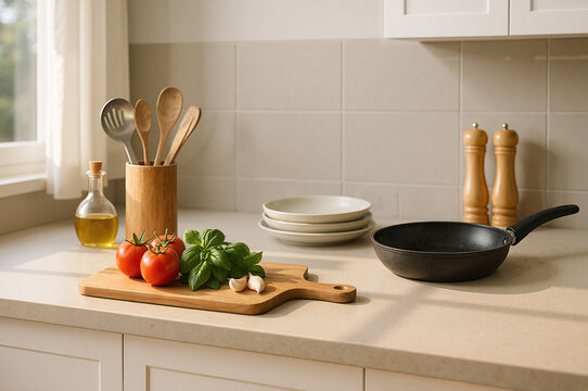 Fresh tomatoes basil and garlic on kitchen counter with cooking utensils