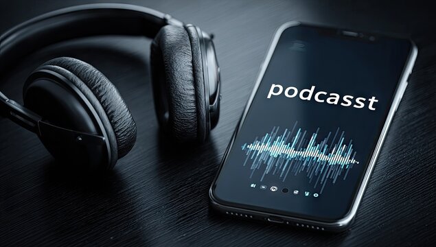 Listening to a podcast on a modern smartphone with headphones. - Powered by Adobe