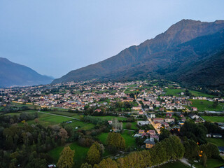 Aerial nature landscape sunset Piona village in Lake Como Italian Alps mountains in Lombardy