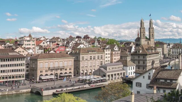Zurich Switzerland time lapse high angle view city skyline from Lindenhof