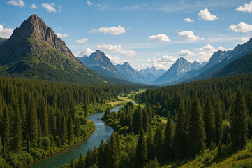 Scenic mountain valley with river flowing through evergreen forest under blue sky

