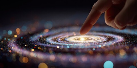Human finger touching the center of a glowing spiral galaxy projection.