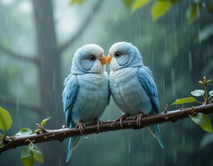 Obraz premium Two adorable blue birds sharing a tender moment on a rainy day