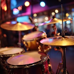 Obraz premium Drum kit closeup with cymbals under colorful stage lights