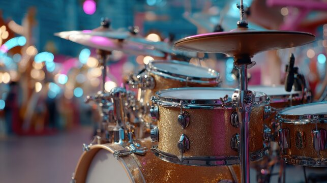 Glittering golden drum kit on stage with blurred lights