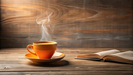 Aromatic Steam Rising from a Warm Beverage in an Orange Cup Beside an Open Book on a Rustic Wooden Table