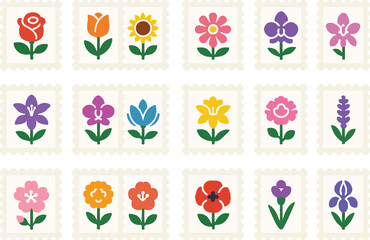 Flowers Postage Stamps Icon Set &ndash; Flat Solid Color Vector Illustrations
