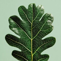 Detailed close-up of a vibrant green leaf, showcasing intricate vein patterns against a soft mint backdrop.