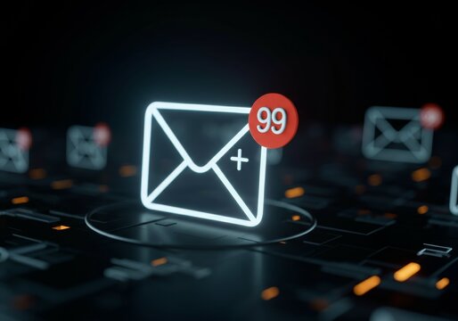 Email marketing concept with glowing envelope icon and notification symbol on digital background