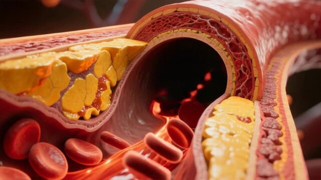 A detailed artery cross section showing turbulent blood flow with cholesterol plaque and crystal buildup, high cholesterol, hyperlipidemia, hypercholesterolemia
