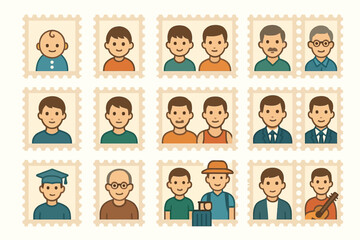 Men All Stages Postage Stamps Icon Set 