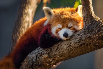 Sleeping Red Panda Lounging on a Tree Branch in Soft Sunlight