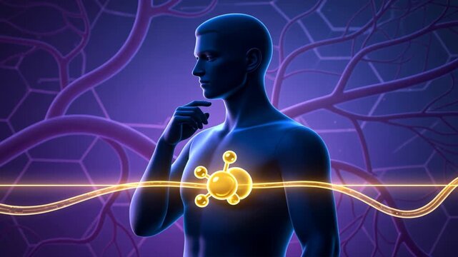 A stylized cholesterol awareness scene with human silhouette holding glowing golden cholesterol symbol, high cholesterol, hyperlipidemia, hypercholesterolemia