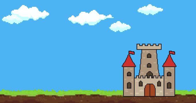 Landscape with castle and sky. Animation of old style pixel game. Pixel art game background. Design 8 bit video vector