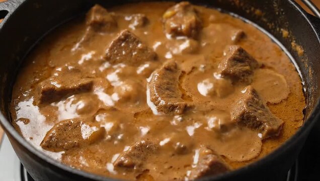 Close-up of beef stroganoff cooking in a black pot with mushrooms and creamy sauce.