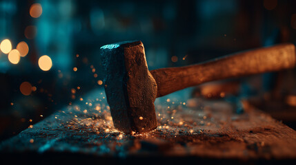 blacksmith hammer striking metal with sparks flying, close-up industrial background for craftsmanship, metallurgy, and workshop design