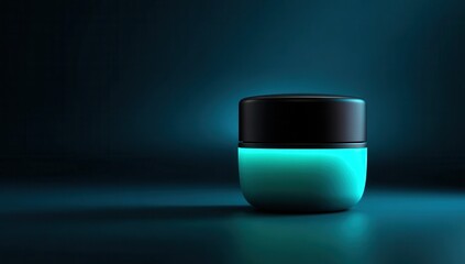 High quality photo of 3d rendering of a black and teal gradient, glowing small jar product mockup on a dark blue background, in a high-tech, minimalistic style with blurred light.