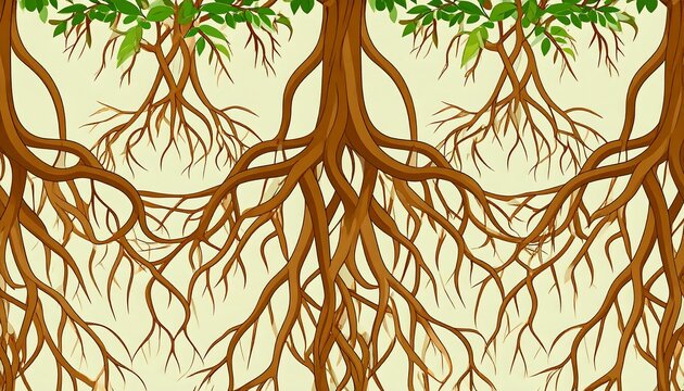 Interconnected tree roots illustration conveying network system connections