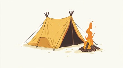 Camping tent with a warm campfire glowing in the evening outdoors