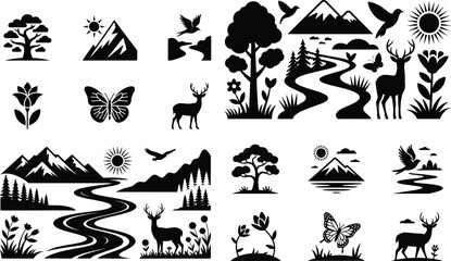 Naklejka premium black and white silhouettes of animals, Nature Landscape Silhouette Vector Icon Collection