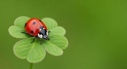 Close up macro shot of a lucky ladybug resting on a four leaf clover in soft green meadow background