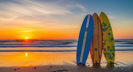 Three Colorful Surfboards Stand Ready on a Tropical Beach at Sunset