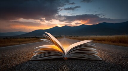 Open book on road: a journey through literature and knowledge unfolds against a scenic sunset, symbolizing exploration and new horizons.