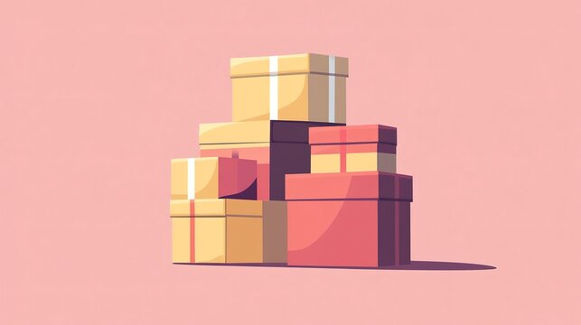 Delivery boxes stacked in a flat illustration against a simple pink background showcasing modern packaging design