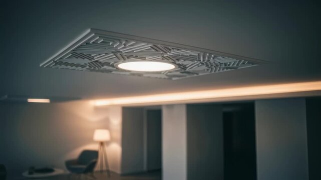 Slow pan across a contemporary room featuring a newly installed 3Dprinted ceiling rosette illuminated by soft ambient lighting.