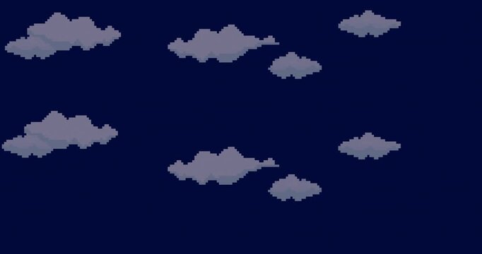 Night Blue sky with clouds. Pixel art game background. Design 8 bit video vector. Old school background for game.