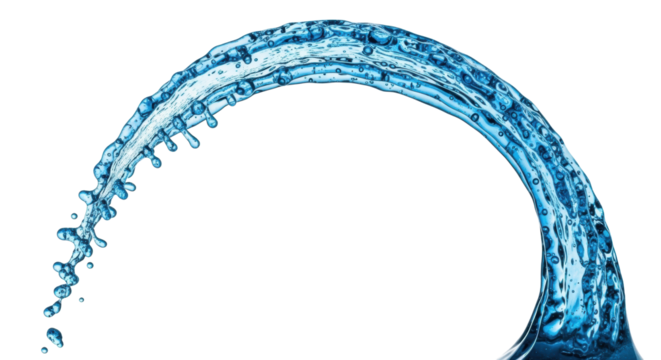 A dynamic electric blue water splash, perfectly spherical droplets and fine mist, frozen mid-air on a transparent studio background, high-speed macro product photography concept for fluidity and