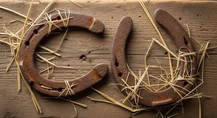 Two Rustic Old Rusty Horseshoes Resting On Dry Hay Straw On Weathered Wooden Surface