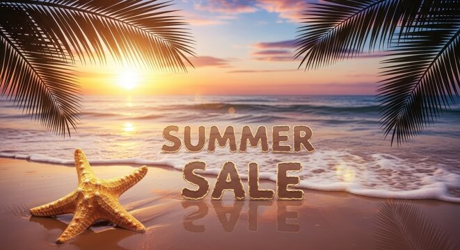 Summer Beach Sale Tropical Sunset Seaside Vacation Deals Hot Discounts - Powered by Adobe