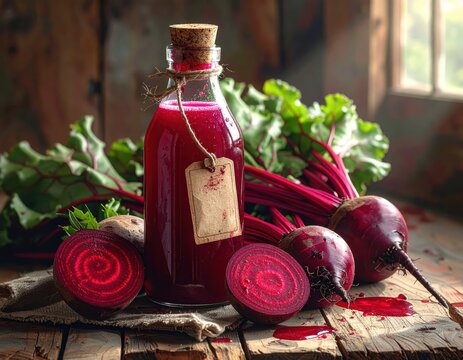 A glass bottle of vibrant beetroot juice sits amongst fresh beets on a rustic wooden surface, highlighting the rich, deep color of the healthy drink.